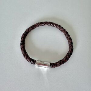 Braided Dark Brown Leather Bracelet with Magnetic Silver Color Clasp